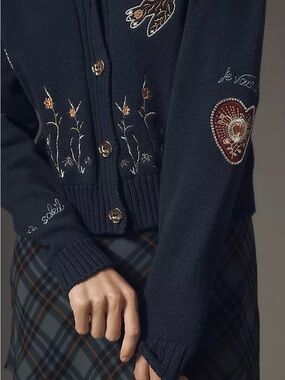 Anthropologie Maeve Embroidered V neck Navy Button-Up Women's Cardigan Sweater